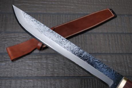 土佐鍛 カスタム山師鉈295 フルタング 白鋼 剣型 紫檀柄 牛皮ケース 剣 
